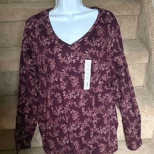 NWT Floral Burgundy V-Neck Long Sleeve Top - XXL